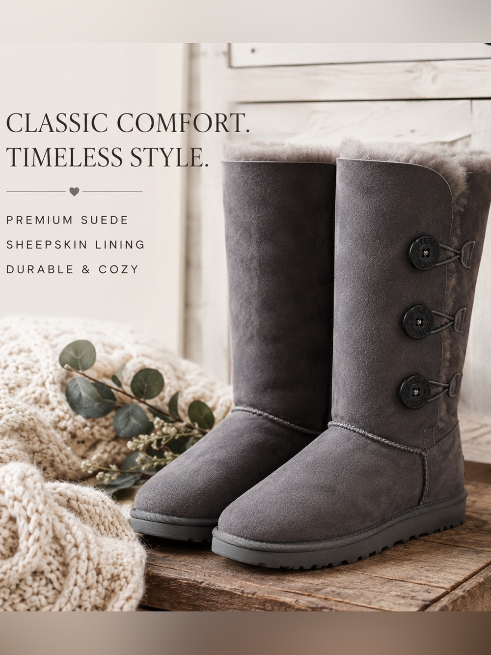 UGG BAILEY BUTTON TRIPLET II GREY SUEDE TALL SHEEPSKIN BOOTS SIZE US 8 NEW